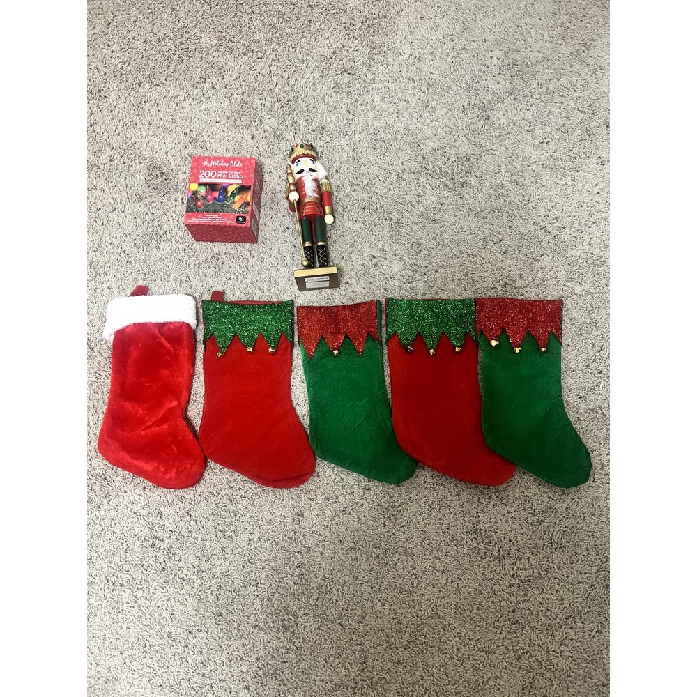 (5) Christmas Stockings, Nutcracker, Christmas Lights